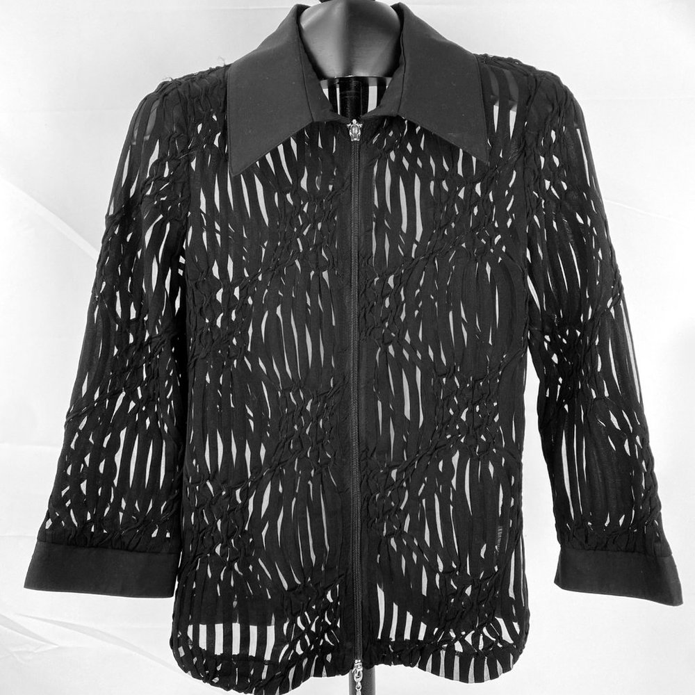 Ell Jay Collection Blouse Top Semi Sheer Shirt Size 10 Stretchy Elegant Zip Up